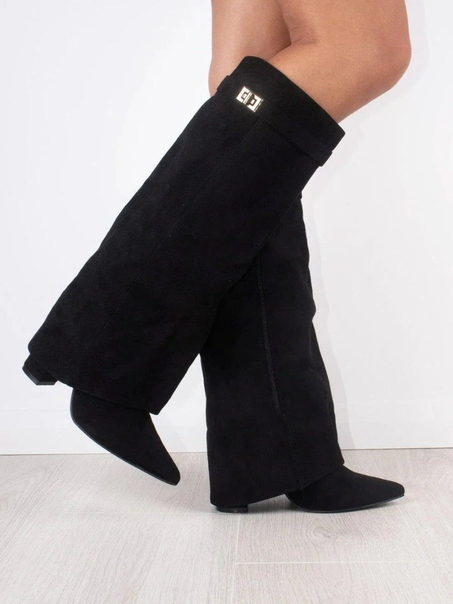 Damen Winterstiefel aus Wildleder mit Umschlag-Schaft und Blockabsatz