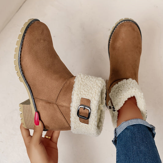 Damen Stiefeletten aus Wildlederimitat mit Plüschrand und Schnallendetail am Blockabsatz