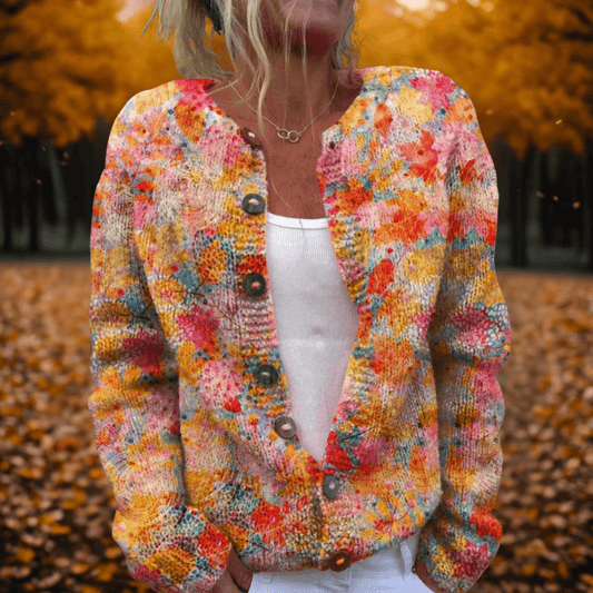 Damen Strickjacke mit Blumendruck und Knopfleiste