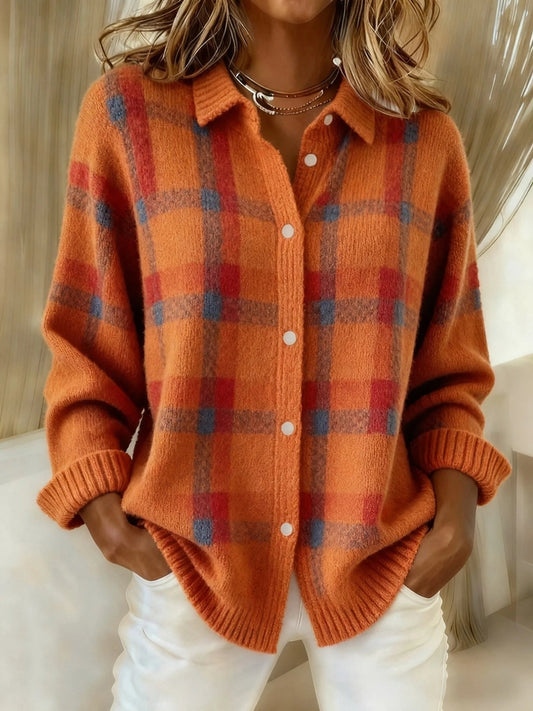 Damen Karierter Strickpullover mit Knopfleiste und Kragen