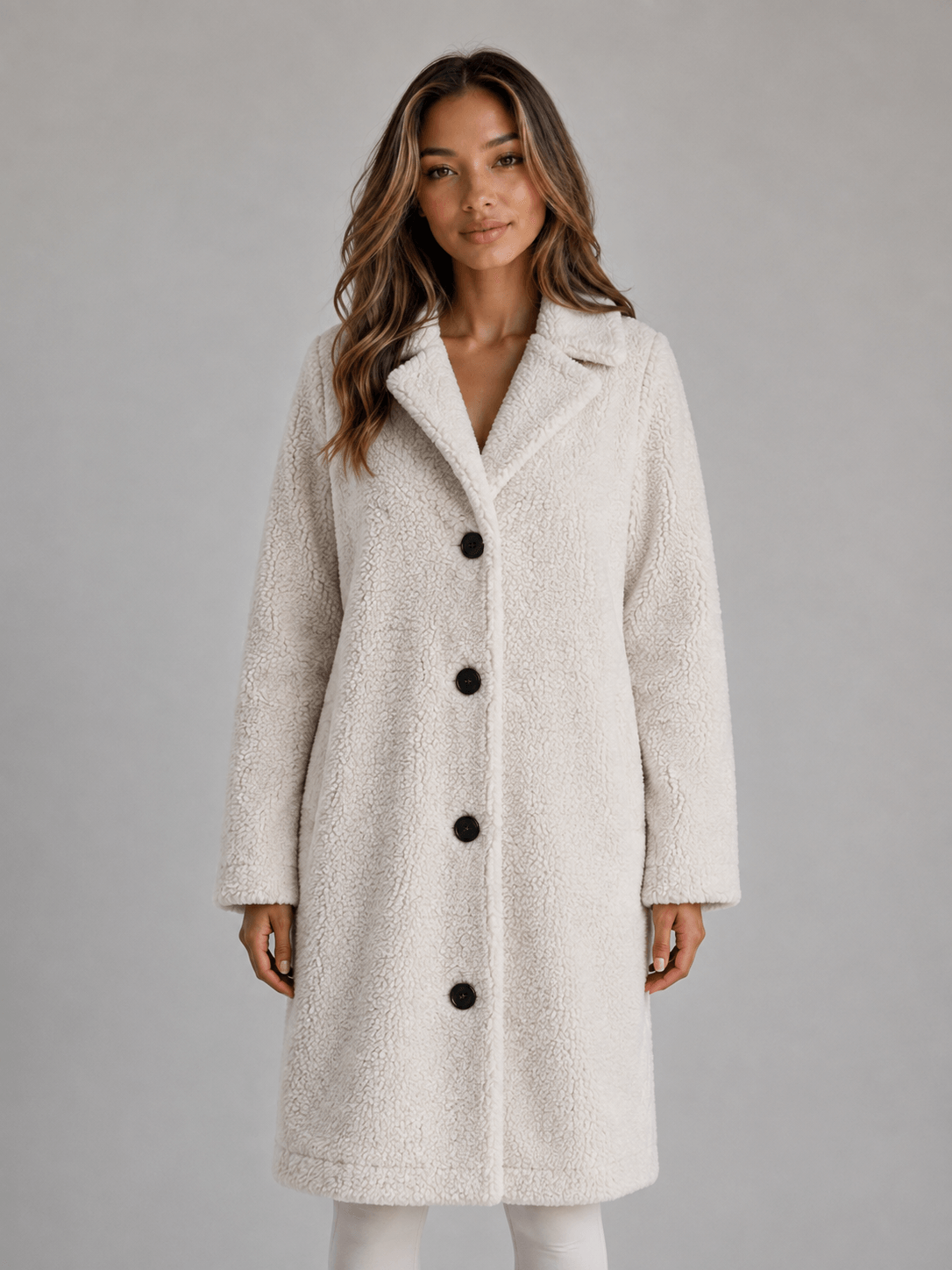 Langer Teddy-Fleece Mantel mit Knopfleiste und Kragen