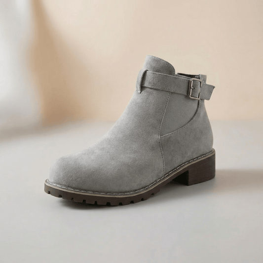 Damen Stiefeletten aus Veloursleder-Optik mit Schnalle und Blockabsatz