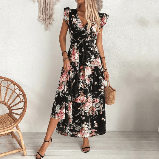 Geblümtes Wickel-Maxikleid mit Rüschenärmeln für den Herbst