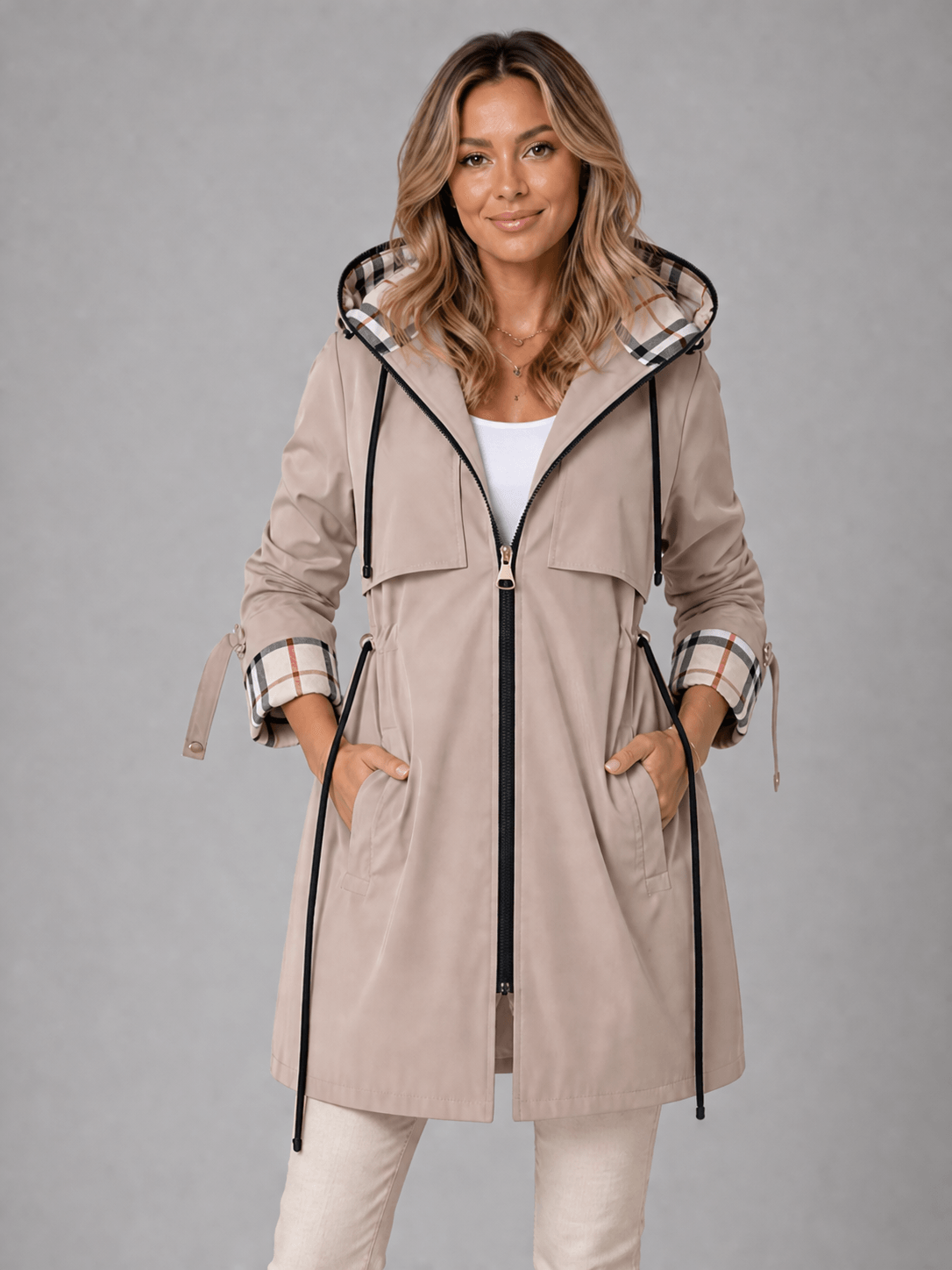 Damen Kapuzen-Trenchjacke mit Taillenzug und Reissverschluss