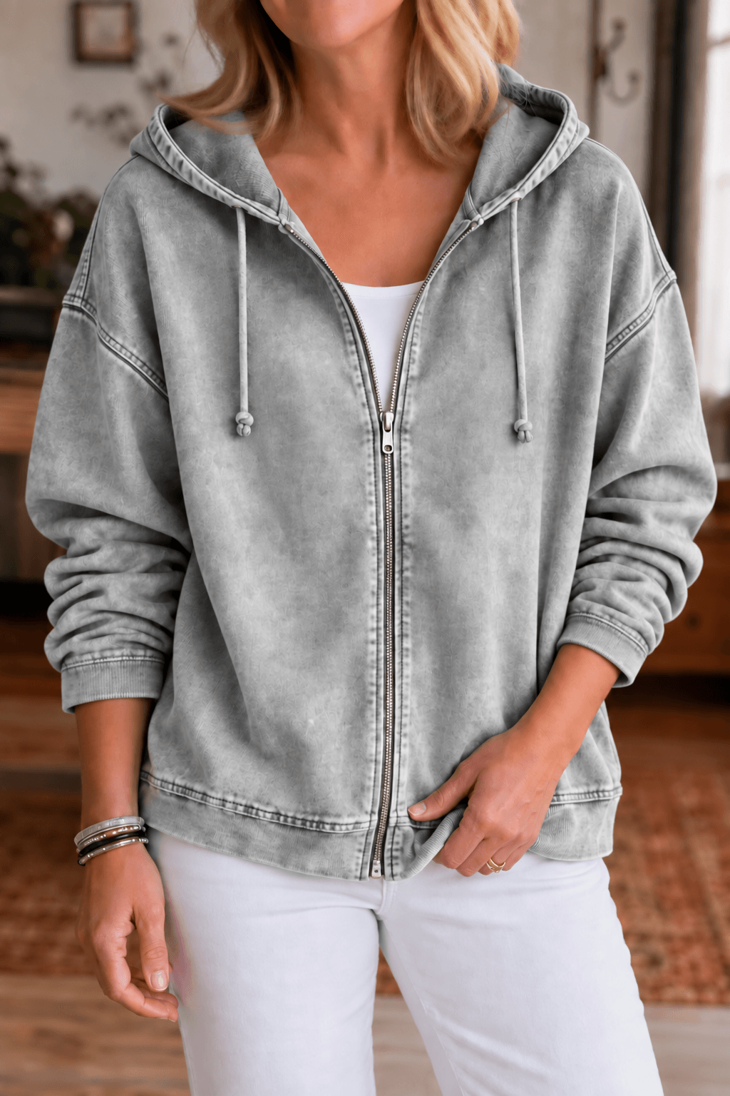 Damen Kapuzenjacke mit Reissverschluss und Waschoptik
