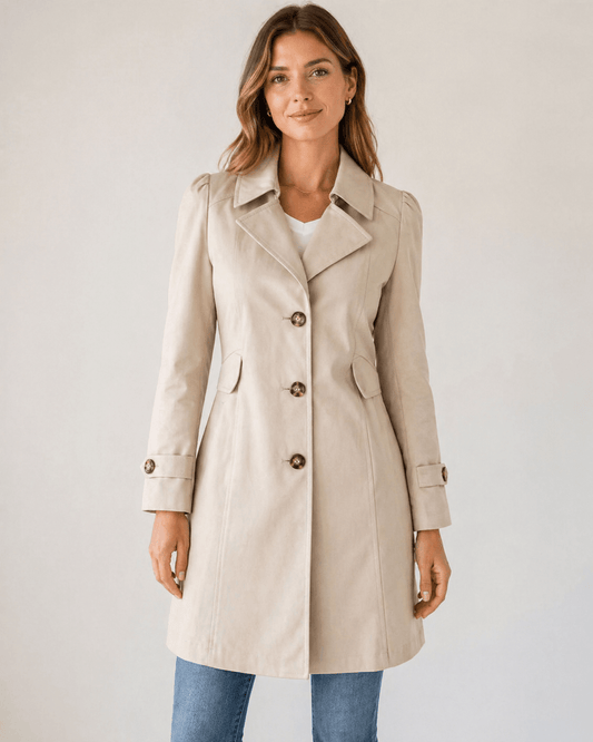 Kurzer Damen-Trenchcoat aus Baumwollmix mit Taillierter Passform und Knopfleiste