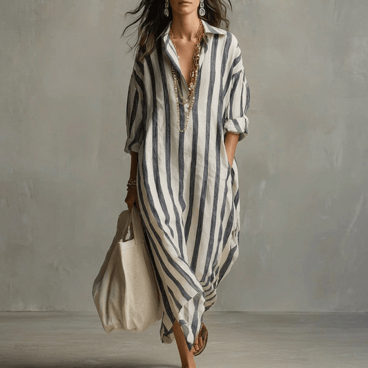 Gestreiftes Maxikleid in A-Linie mit Reverskragen für den Herbst