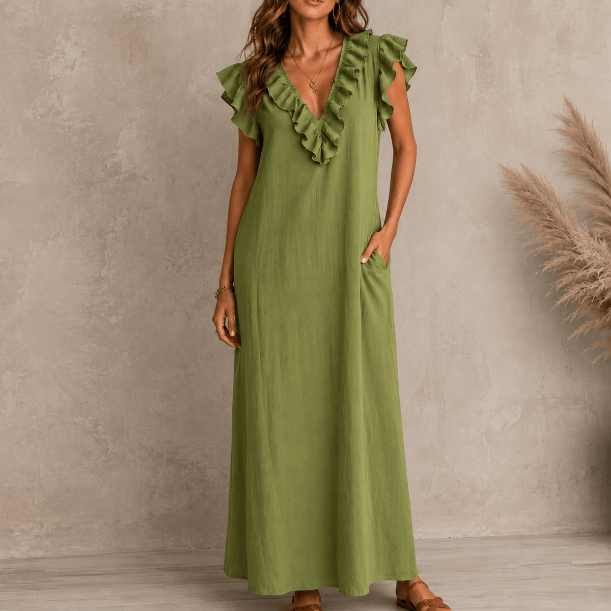 Rüschen-Maxikleid mit V-Ausschnitt und Taschen für Damen