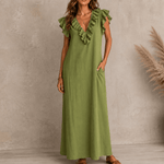 Rüschen-Maxikleid mit V-Ausschnitt und Taschen für Damen