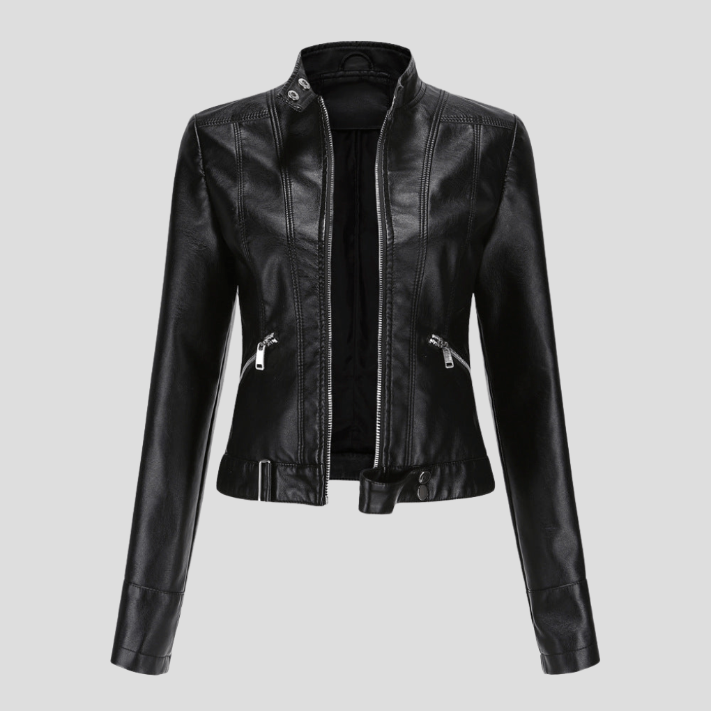 Bikerjacke aus Kunstleder mit Stehkragen und Schnallenriemen für Damen