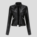 Bikerjacke aus Kunstleder mit Stehkragen und Schnallenriemen für Damen