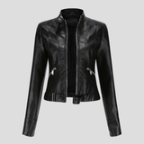 Bikerjacke aus Kunstleder mit Stehkragen und Schnallenriemen für Damen