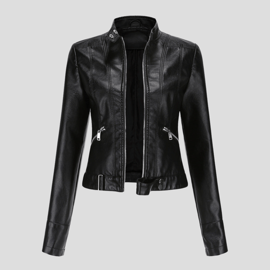 Bikerjacke aus Kunstleder mit Stehkragen und Schnallenriemen für Damen