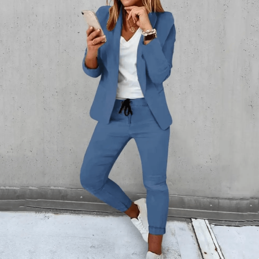 Damen-Zweiteiler-Set aus Baumwollmischung mit Blazer und schmaler Hose