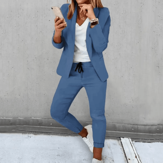 Damen-Zweiteiler-Set aus Baumwollmischung mit Blazer und schmaler Hose