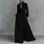 Plissiertes A-Linien-Maxikleid mit Laternenärmeln und Taschen für den Herbst