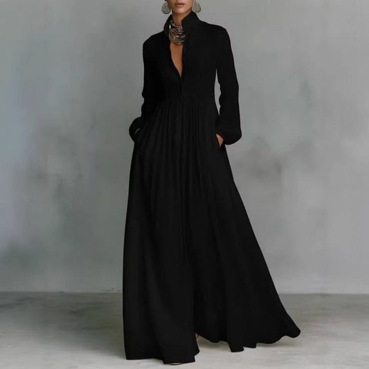 Plissiertes A-Linien-Maxikleid mit Laternenärmeln und Taschen für den Herbst