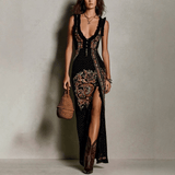Ärmelloses Maxikleid mit Paisley Print und Beinschlitz für den Herbst