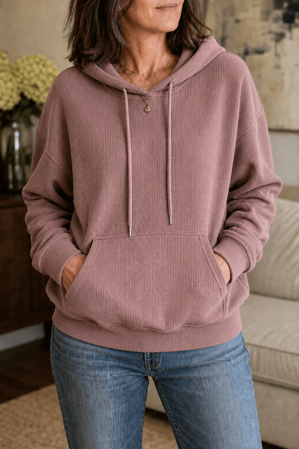 Geripptes Kapuzensweatshirt in Cord-Optik mit Kängurutasche