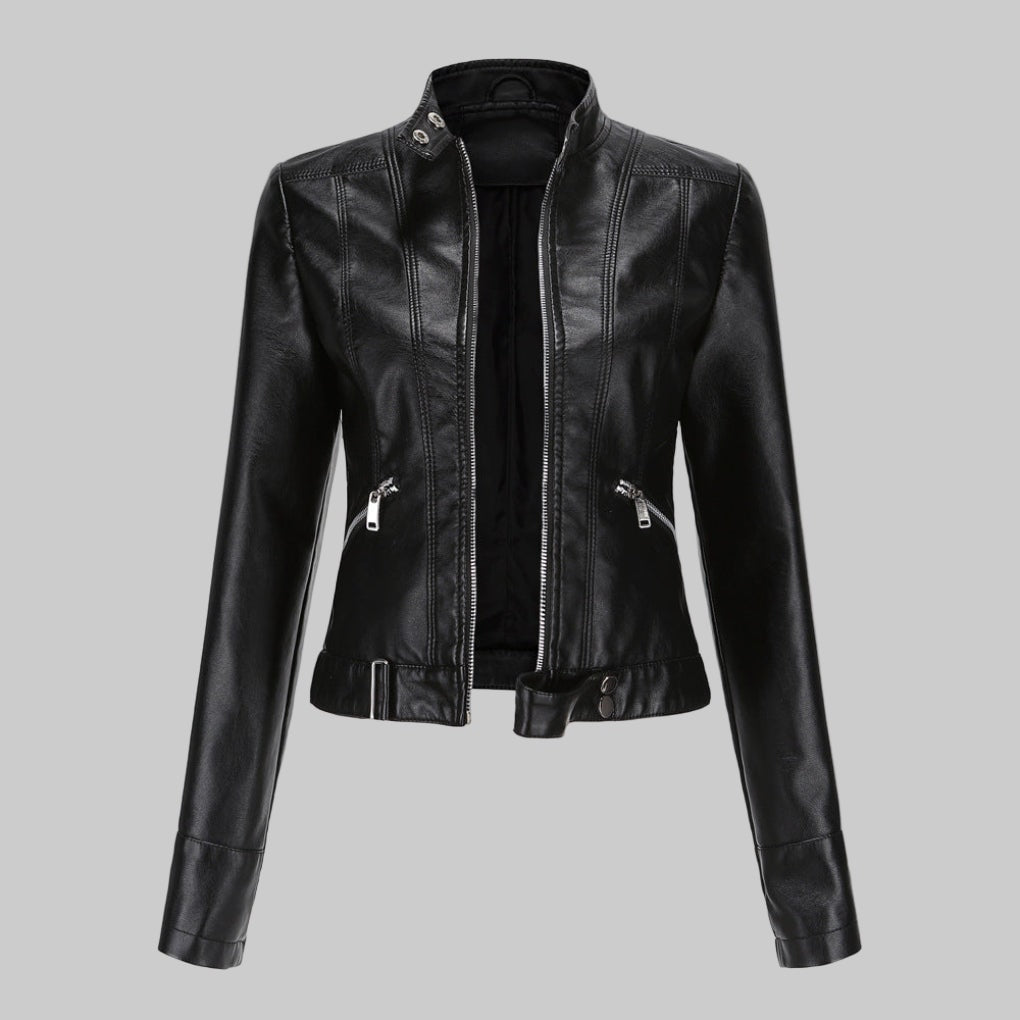 Kunstleder-Bikerjacke mit Stehkragen und durchgehendem Reissverschluss für Damen