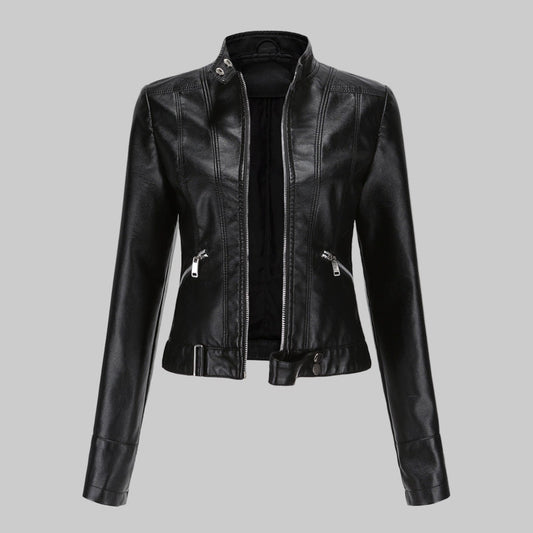 Kunstleder-Bikerjacke mit Stehkragen und durchgehendem Reissverschluss für Damen
