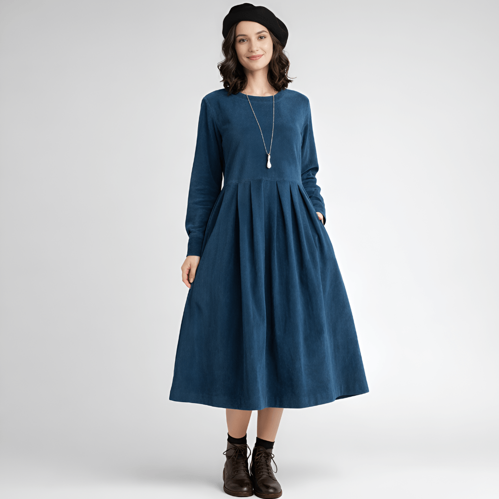 Ausgestelltes Cord-Midikleid mit Langarm und Taillenbund für den Herbst