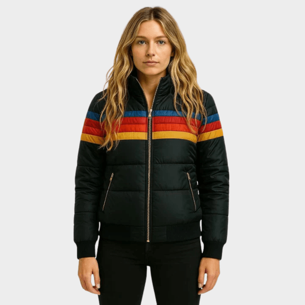 Warme Winterjacke Damen gesteppt im Retro-Stil mit Kapuze und Streifendesign