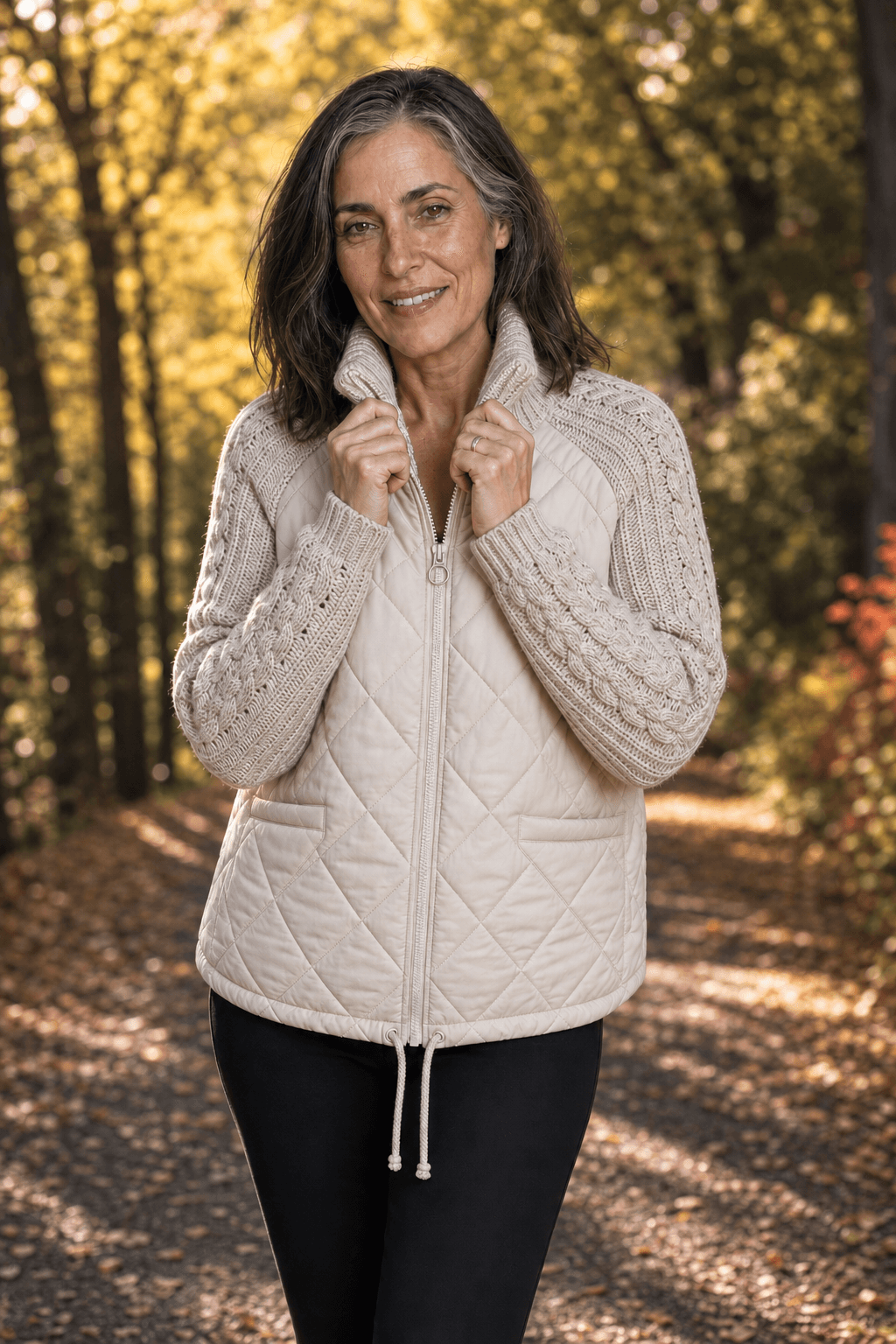 Damen Steppjacke mit Strickbesatz an Bund Ärmeln und Kragen im Patchwork-Design