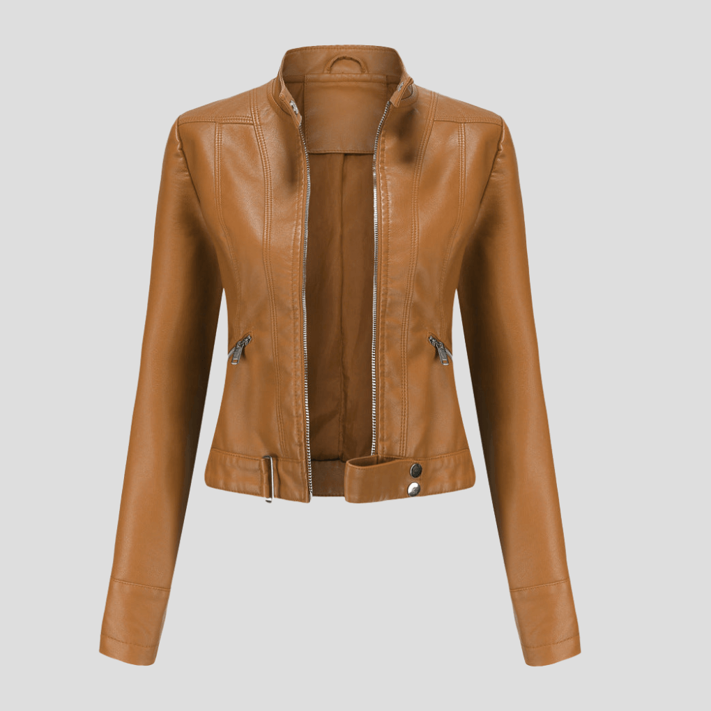 Bikerjacke aus Kunstleder mit Stehkragen und Schnallenriemen für Damen
