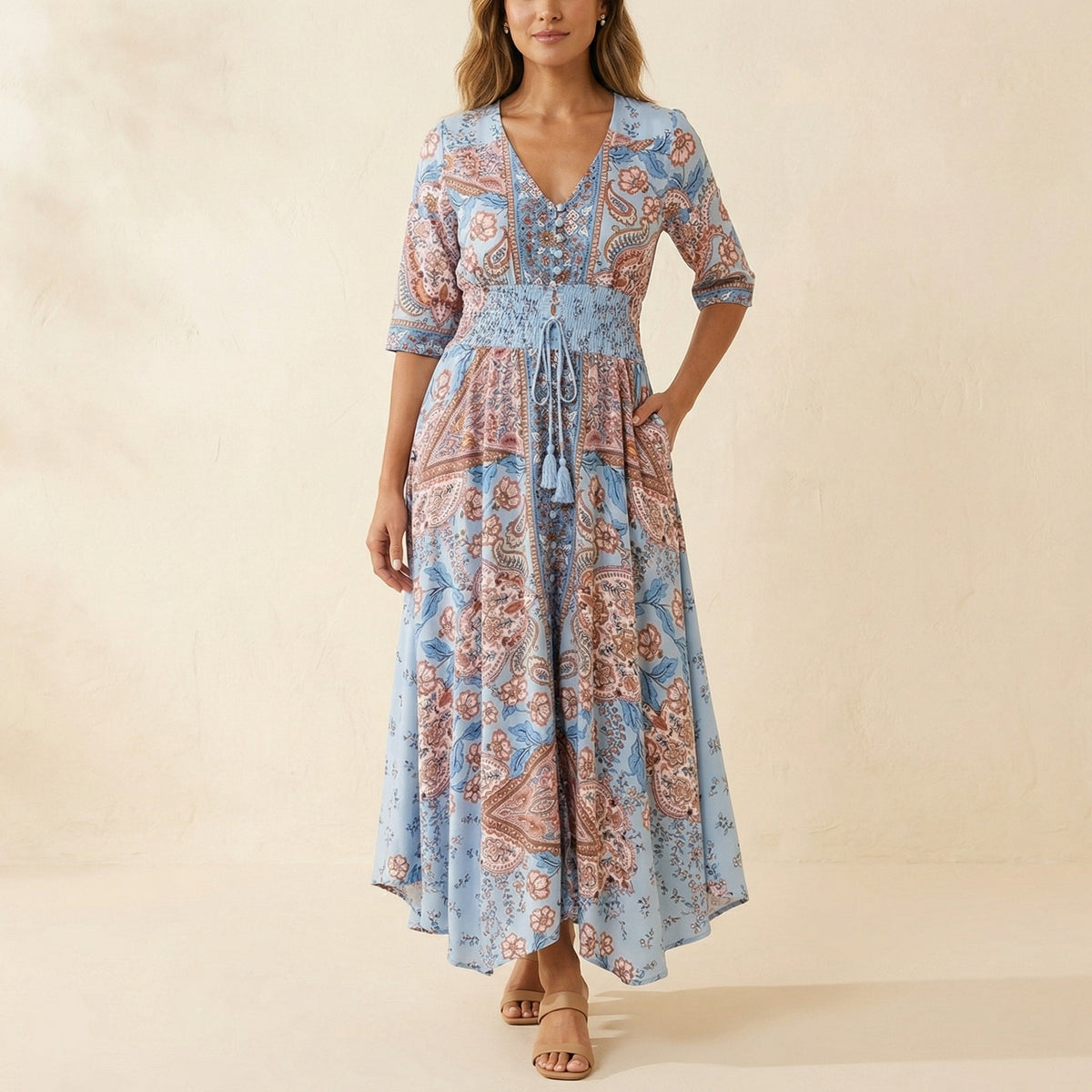 Fliessendes Boho-Maxikleid mit Blumendruck und V-Ausschnitt