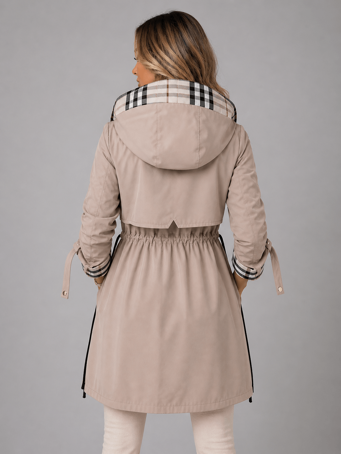 Damen Kapuzen-Trenchjacke mit Taillenzug und Reissverschluss