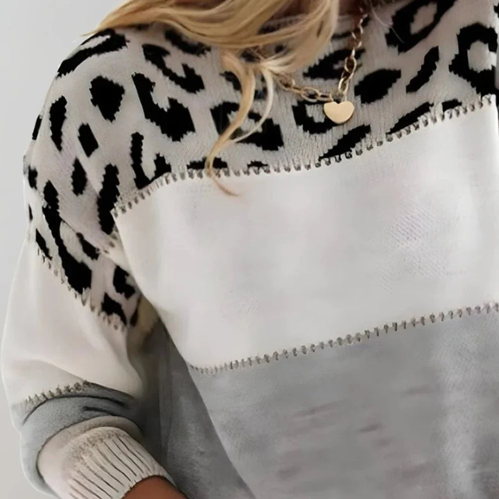Jasmine Damen Norwegerpullover Strick mit Leopardenmuster und Farbblock-Design