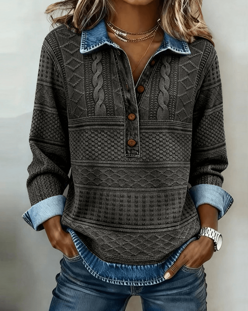 Melkorka Strukturiertes Langarmshirt mit Jeans-Optik-Kragen
