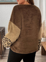 Farbblock Flauschiger Damen-Pullover mit Leopardenmuster und Rundhalsausschnitt
