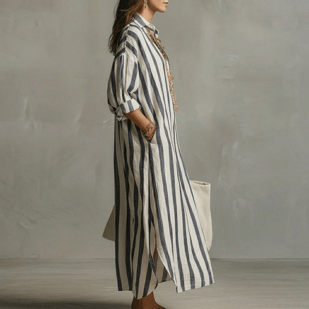 Gestreiftes Maxikleid in A-Linie mit Reverskragen für den Herbst