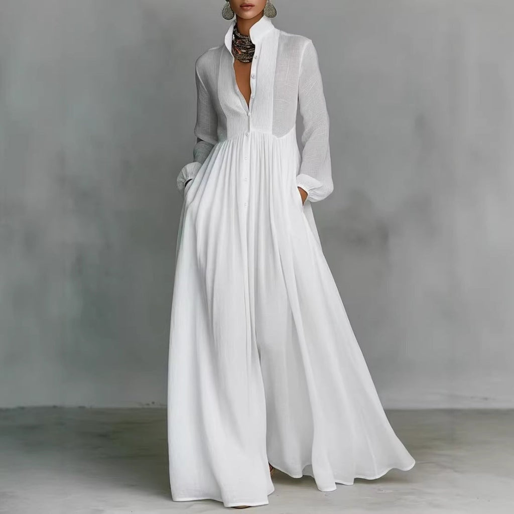 Plissiertes A-Linien-Maxikleid mit Laternenärmeln und Taschen für den Herbst