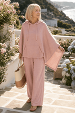Damen Weite Stoffhose mit Kapuzenponcho im Zweiteiler-Set