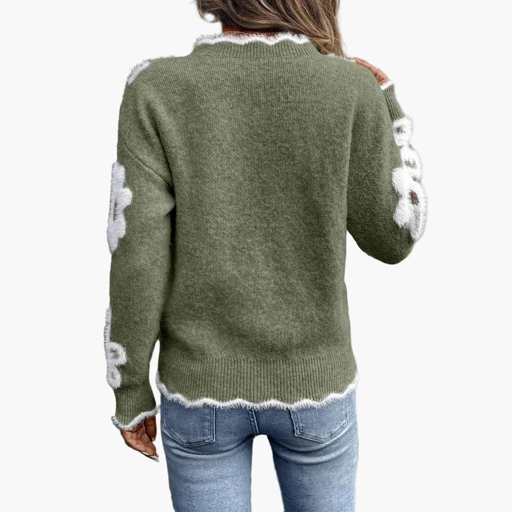 Damen Strickpullover mit Blumenstickerei und V-Ausschnitt im Norweger-Stil