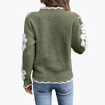 Damen Strickpullover mit Blumenstickerei und V-Ausschnitt im Norweger-Stil