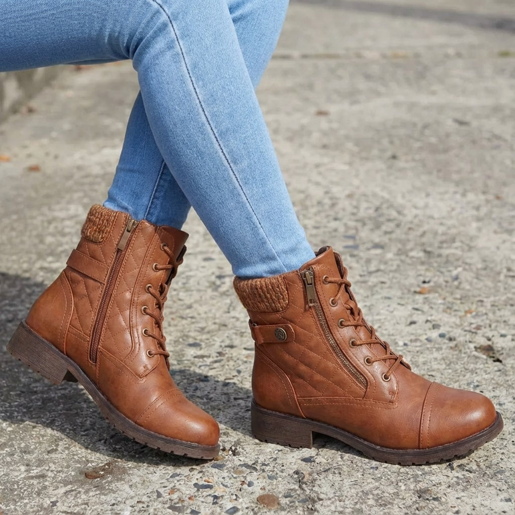 Damen Schnürstiefeletten mit Quilt-Optik und Blockabsatz