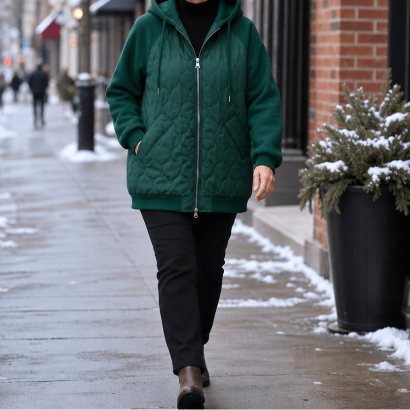 Kapuzen-Steppjacke mit Colorblock-Nähten und Wattierung für Damen