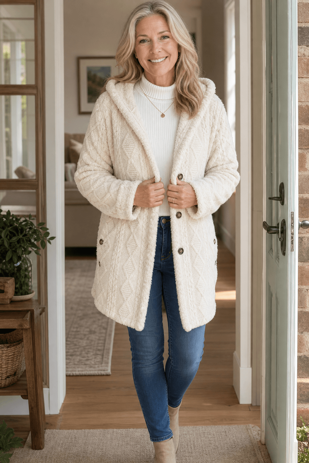 Damen Strickstruktur Longline Mantel mit Kapuze