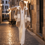Damen Colorblock Kunstfell Jacke Oversized mit Kapuze