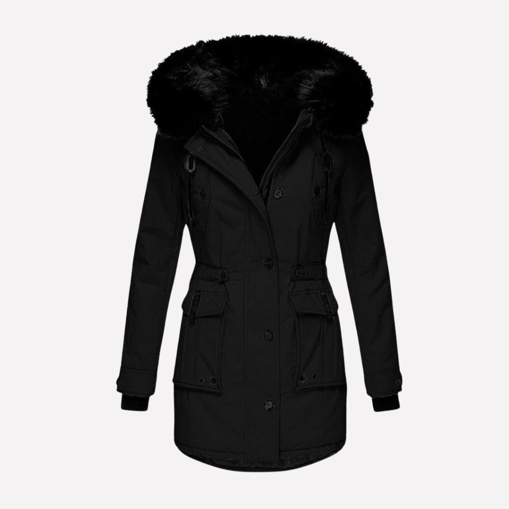 Warme Damen-Winterjacke aus Baumwollmischgewebe mit Kapuze und Klapptaschen