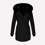 Warme Damen-Winterjacke aus Baumwollmischgewebe mit Kapuze und Klapptaschen