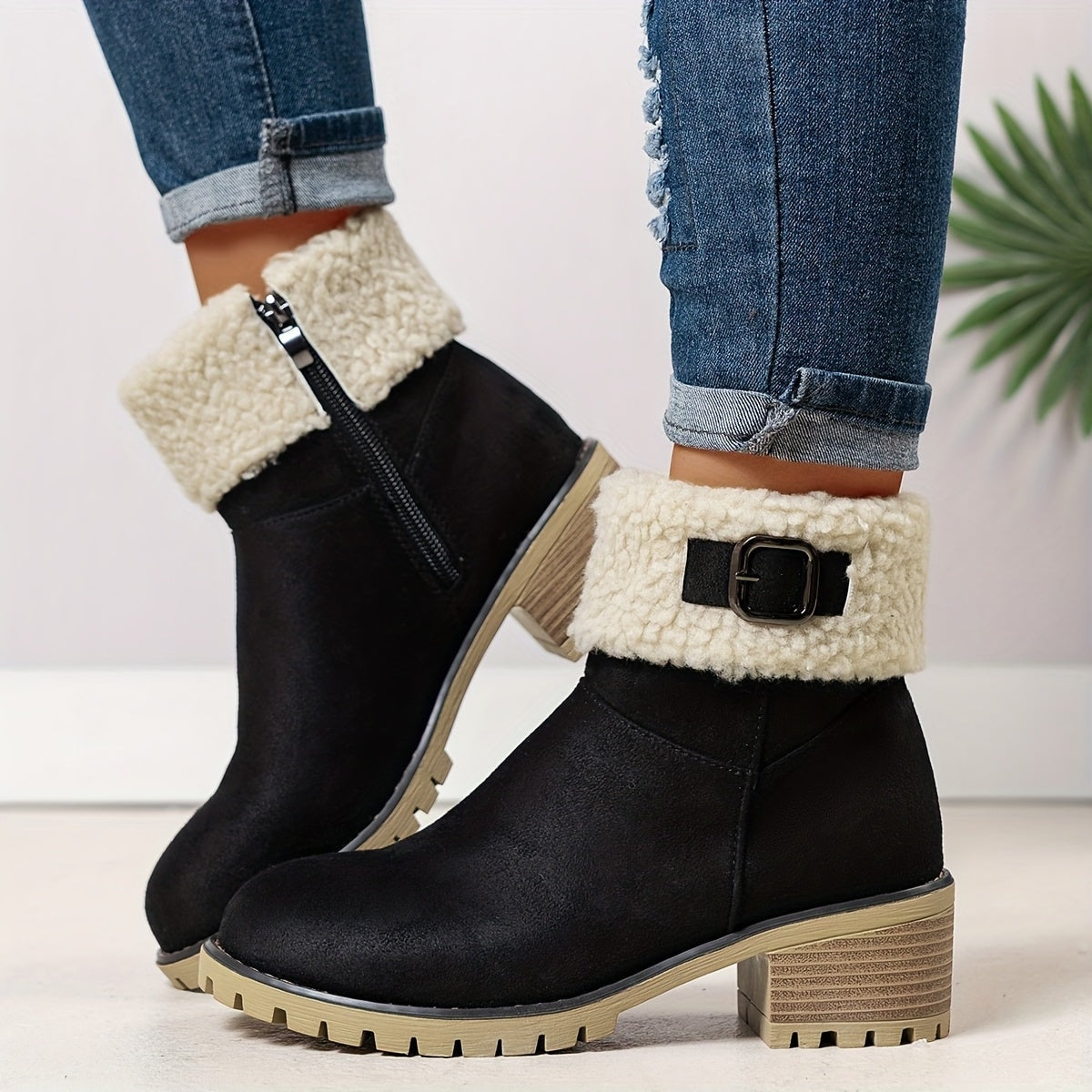 Damen Stiefeletten aus Wildlederimitat mit Plüschrand und Schnallendetail am Blockabsatz