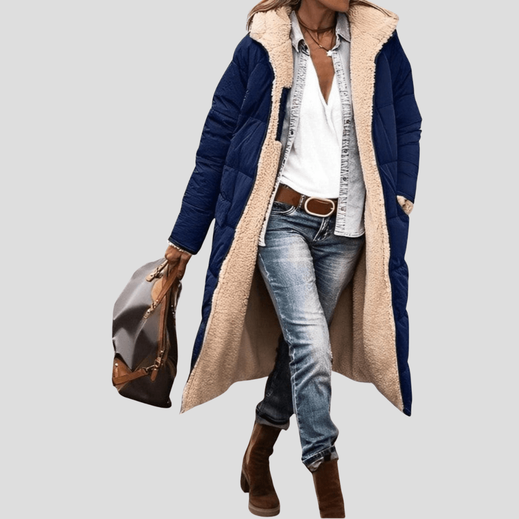 Wendbare Winterjacke Damen Lang mit Teddyfutter und Kapuze