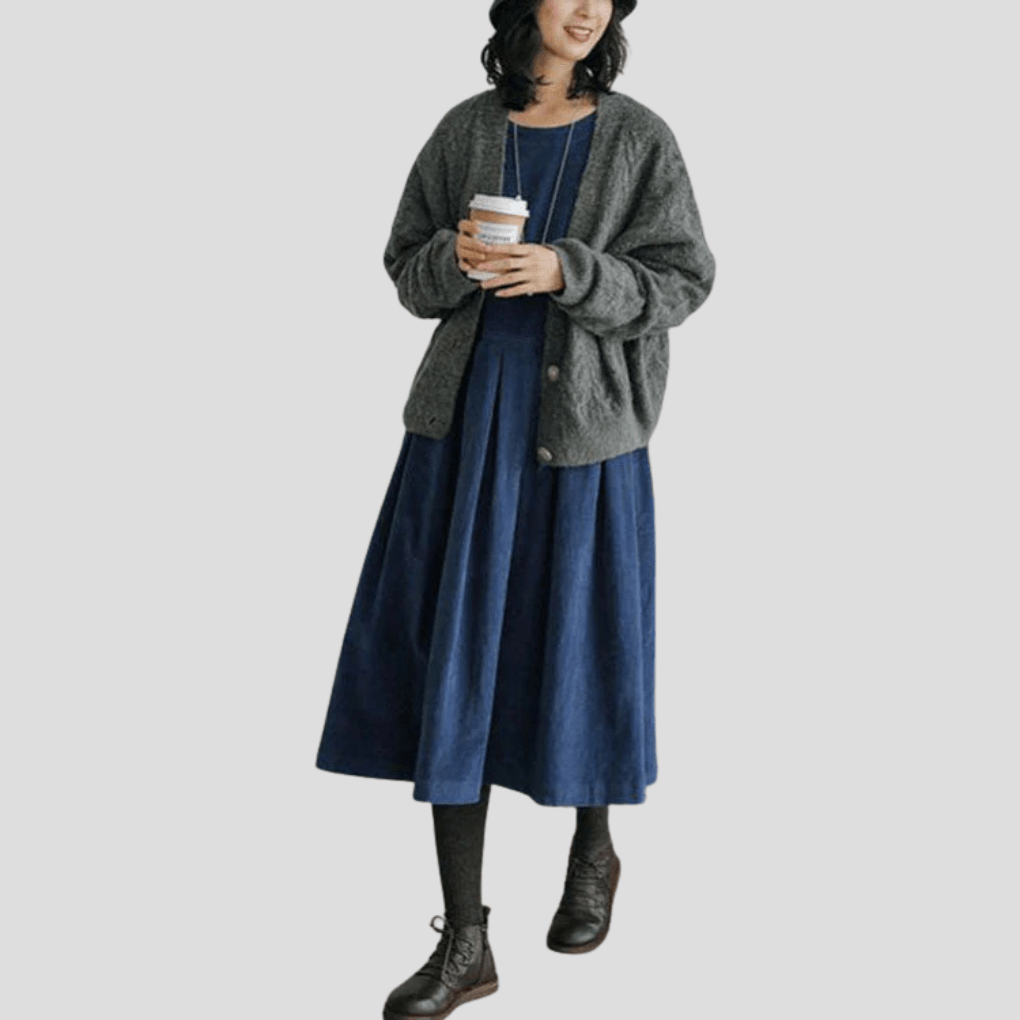 Ausgestelltes Cord-Midikleid mit Langarm und Taillenbund für den Herbst