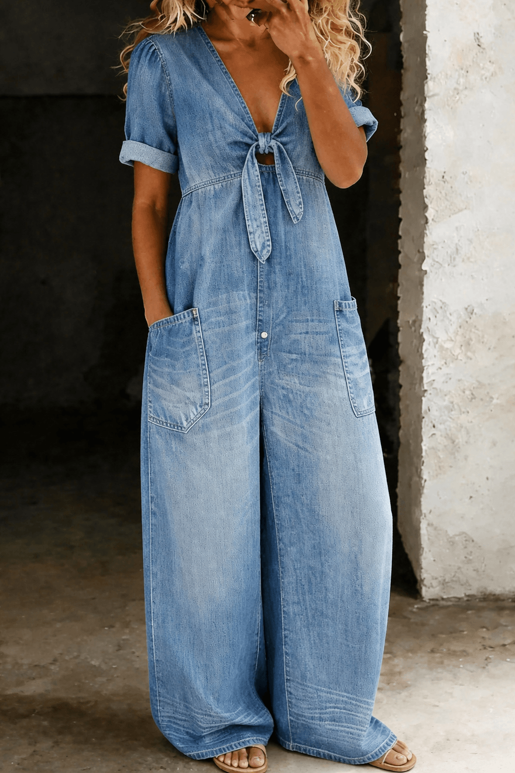 Maya Denim-Jumpsuit mit V-Ausschnitt und Bindeknoten