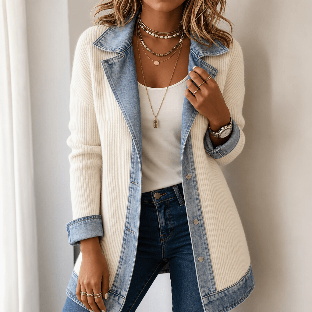 Strickjacke mit Denim-Paneelen und gerippter Struktur